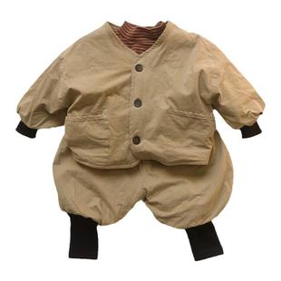 儿童加绒棉服套装男宝宝靴裤冬款加厚宽松长裤中小童棉麻保暖外套