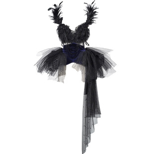 血液供给原创◆哀悼之日 哥特氛围感华丽闪钻黑羽拖尾礼服芭蕾裙