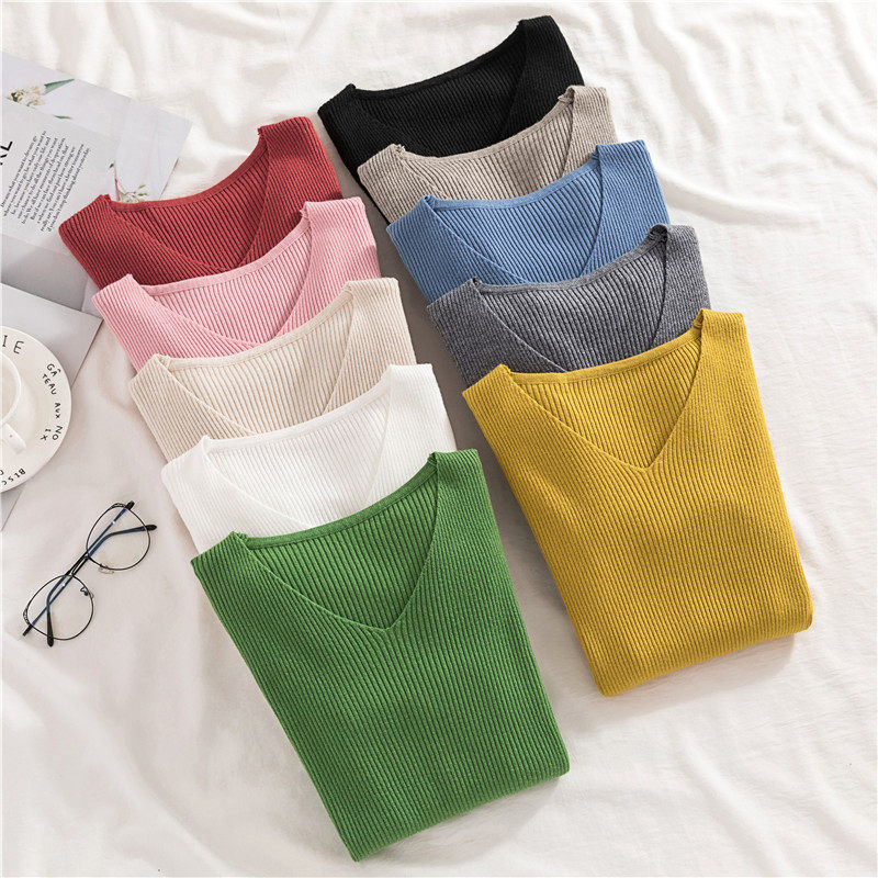 秋冬季V领针织长袖修身紧身打底衫上衣潮韩版套头短款显瘦毛衣女|ruв категории Женская одежда, шерстяной свитер - от Buy2taobao.com для оказания профессиональной услуги покупки агента Taobao