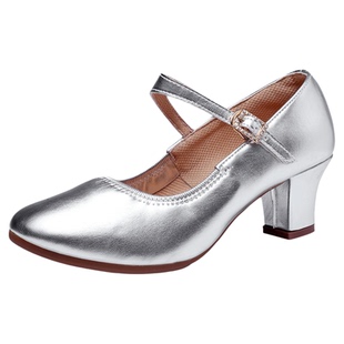 真皮时尚平跟银色舞蹈鞋女软底真皮广场舞鞋中老年跳舞鞋中跟