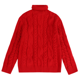 女童高领加厚毛衣秋冬新款儿童打底衫麻花女孩加绒针织衫红色线衣