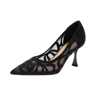 哈森黑色网纱镂空尖头细跟高跟鞋气质浅口单鞋2026新款HWS260133
