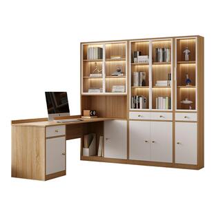 实木转角书桌书柜一体组合家用学生电脑桌书架包安装定制