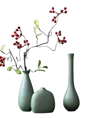 现代简约复古磨砂绿陶瓷小花瓶禅意摆件 创意插花器瓷器 客厅装饰