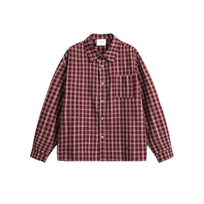 XBRO美式复古cleanfit红格子长袖衬衫春季短款小众衬衣外套男女