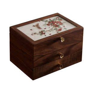 黑胡桃实木刺绣首饰收纳盒高档精致中式珠宝戒指盒订婚礼物饰品盒