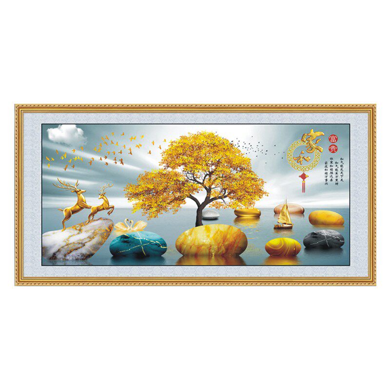 新中式福鹿双全客厅装饰画简约大气风水画沙发背景墙壁画自粘壁纸