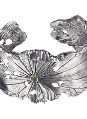 非遗錾刻碧玉镂空荷叶99足银手镯