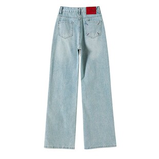 巨好看刺绣撞色直筒牛仔裤女款春季设计感高腰百搭外穿阔腿长裤子