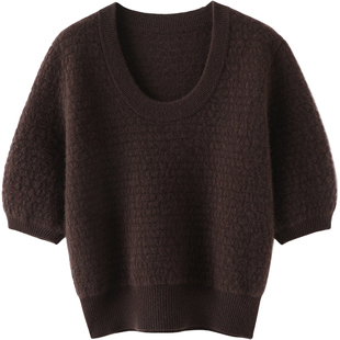 匠心设计单品!加厚保暖U型圆领羊绒衫女短袖纯羊绒毛衣短款宽松