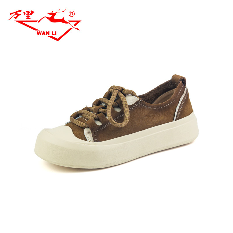 万里新款时尚平底板鞋真皮百搭系带女鞋圆头低帮单鞋SXT2909