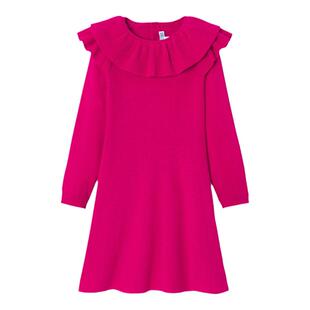 Jacadi亚卡迪女童羊毛混纺连衣裙春秋款荷叶领粉色长裙子2039678