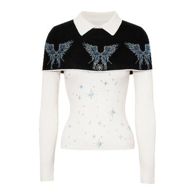 TCH黑白撞色翻领烫钻小香风针织衫上衣女2025秋冬新款T75D09E1175