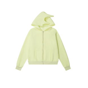 taitm异型连帽衫荧光淡黄色加绒拉链短宽卫衣极简解构设计