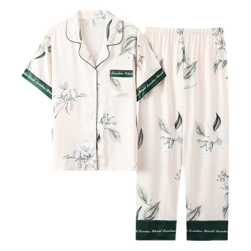 特尼芙丝绸睡衣女夏真丝短袖长裤睡衣/家居服套装