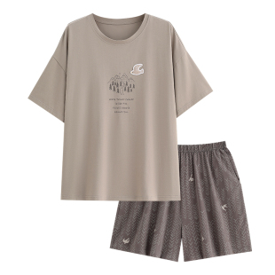 夏季情侣睡衣纯棉短袖短裤女休闲圆领套头家居服可出门夏天男套装