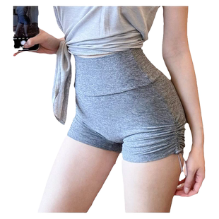 灰色健身短裤女高腰提臀紧身三分瑜伽短裤跑步外穿抽绳运动裤美式