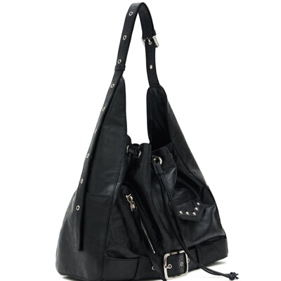 复古抽绳单肩包休闲铆钉装饰女包