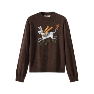 皮皮狗25秋冬女士半高领提花羊绒套衫小马提花国风元素