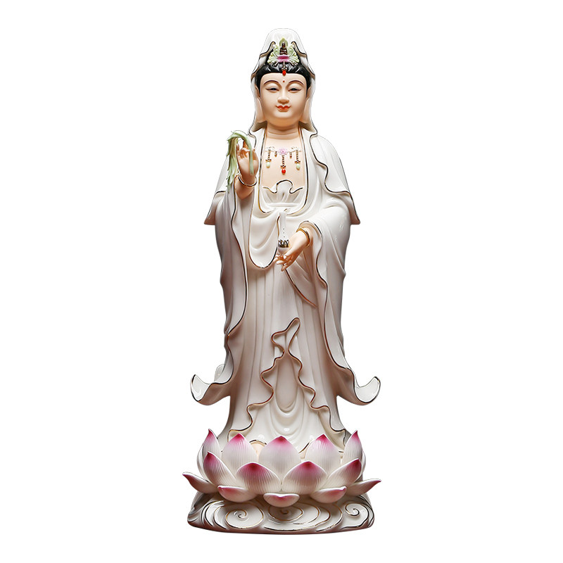 黼山堂陶瓷立莲观音佛像供奉摆件