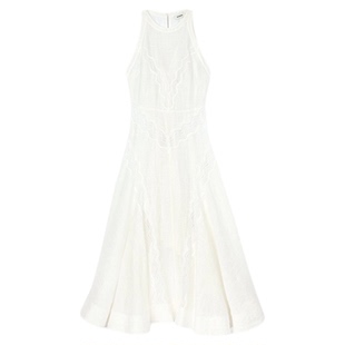 SANDRO2025春夏女装法式优雅气质亚麻混纺镂空花纹无袖A字连衣裙