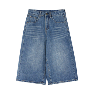 pusumede美式复古牛仔裤女夏季阔腿七分裤高腰宽松直筒休闲裤中裤