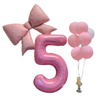 粉色珍珠蝴蝶结数字气球周岁装饰道具儿童生日拍照场景派对布置