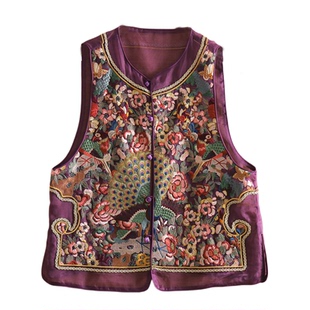 美伦新中式国风2025高品质桑蚕丝欧根纱重工百鸟朝凤刺绣精致马甲