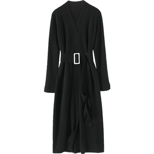 尤物级！！气质V领系带开叉羊绒连衣裙子女羊绒衫中长款毛衣秋冬