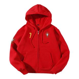 葡萄牙队服C罗B费B席足球迷开衫卫衣男女儿童装学生拉链连帽外套
