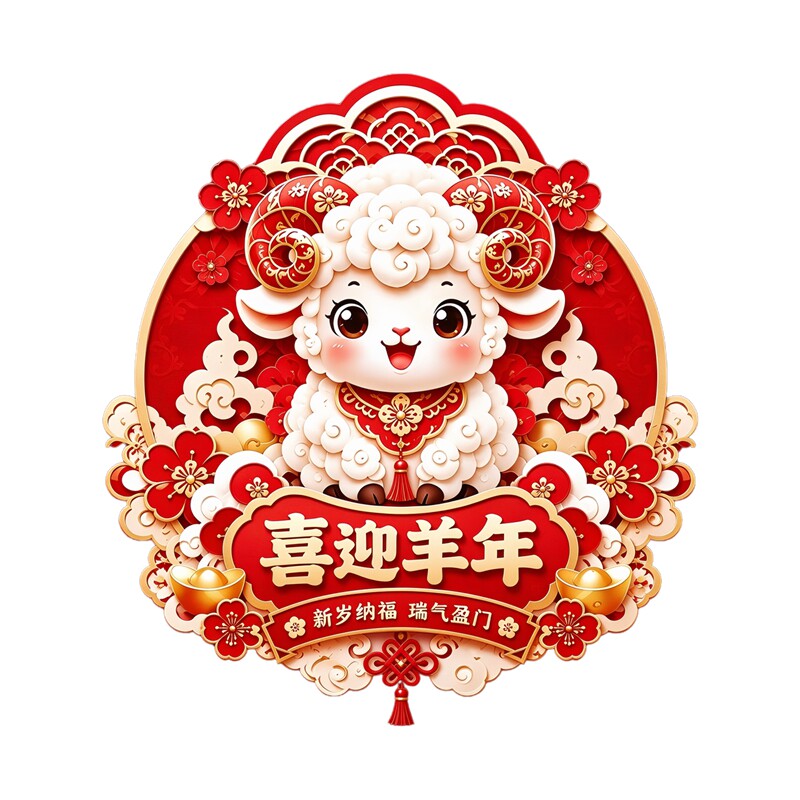 喜迎羊年墙贴梅花小羊圆形福贴国潮剪纸风新年房间防水装饰贴纸画