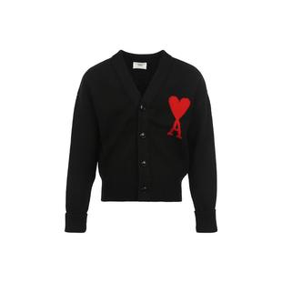 【自营】AMI红色大爱心提花羊毛V领系扣宽松针织开衫毛衣男女同款