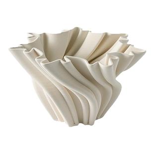 一匚 现代轻奢波浪纹理奶油白陶瓷 样板房酒店会所洽谈区艺术摆件