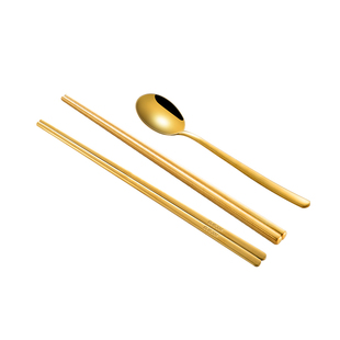 韩式筷子实心扁筷304不锈钢防滑套装金色筷子勺子韩国烤肉店餐具