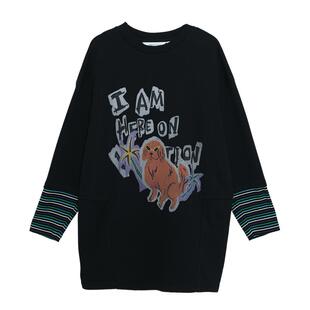 MOVEUP幻走2025春季新款.FUN系列条纹印花假两件设计中长款T恤女