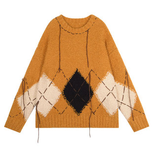 BeerBro 美拉德宽松菱格毛衣女秋冬2023设计感手工勾线针织衫外套