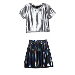 时尚跳舞表演服装闪亮上衣女团爵士舞演出衣服拉拉队镭射舞蹈裙子