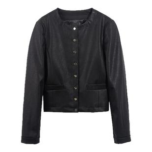 OFFIY-瘦身滤镜 贵气白富美黑皮衣 气质高腰皮小外套