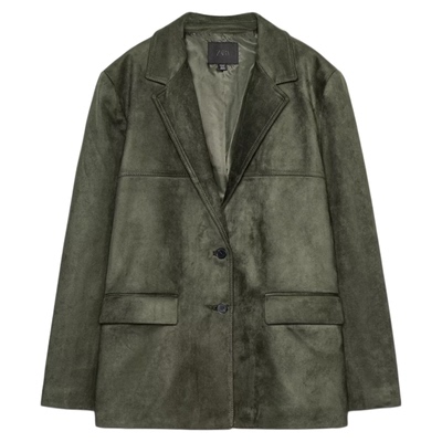 美式墨绿色反绒皮效果西装外套
