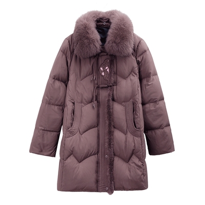 鸭鸭中长款狐狸毛领鸭绒羽绒服