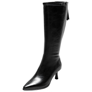 意尔康女鞋2025冬季法式长靴女士骑士靴不过膝细跟高筒靴尖头单靴