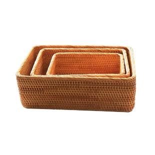 越南藤编筐收纳筐小号方形筐加高果盘三件套编织手工大号田园中号