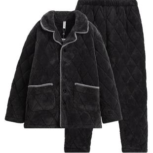 芬腾冬季男士睡衣珊瑚绒夹棉袄三层加厚加绒保暖法兰绒家居服套装