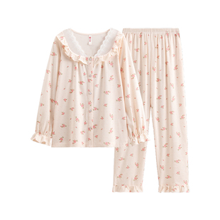 芬腾睡衣女春秋季纯棉长袖套头套装女款休闲宽松加大码全棉家居服