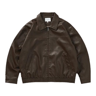 714street美式复古2024秋新款黑色皮衣外套男女同款短款宽松夹克