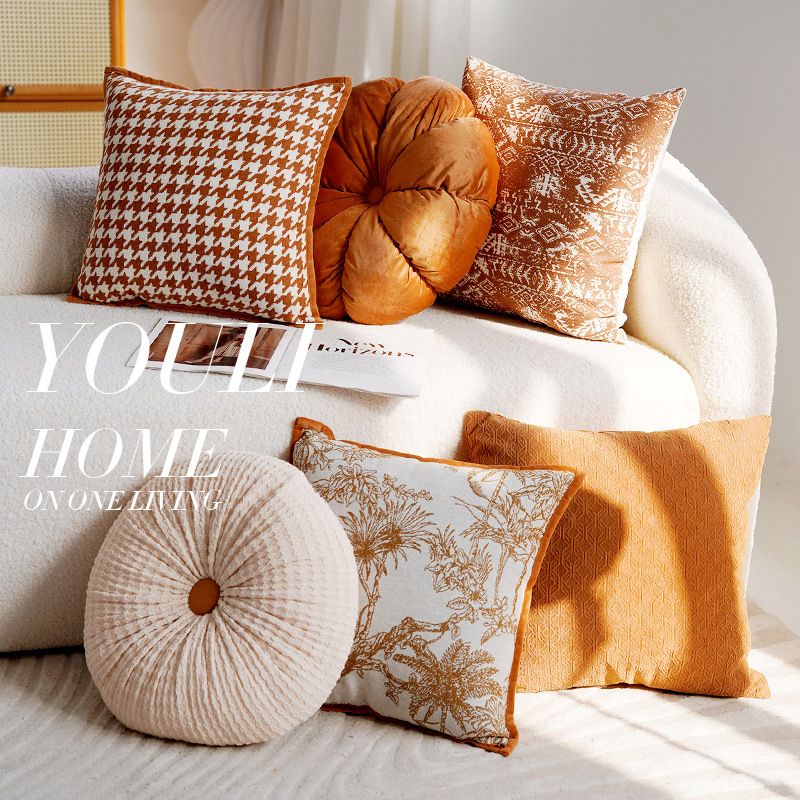 轻奢高级感抱枕套圆形橘色沙发靠背垫法式复古床上ins风客厅靠枕
