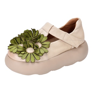 四起哥2026春复古花朵厚底头层牛皮休闲魔术贴丁字鞋舒适真皮手工