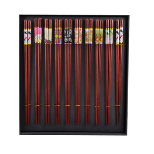 高档红檀木家用筷子复古中式富贵花10双不同色分餐实木筷防滑防霉