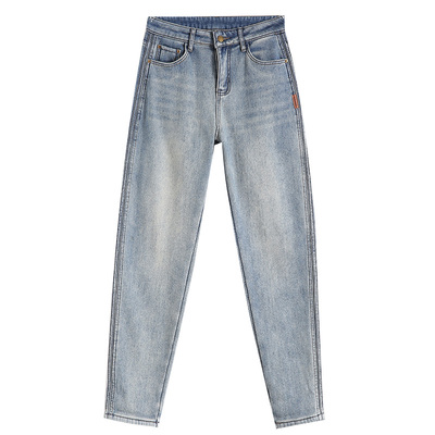 加绒双侧边牛仔裤女秋冬老爹裤子2025新款高腰加厚萝卜宽松哈伦裤