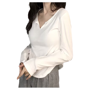 弧形下摆长袖T恤女螺纹纯棉早春秋装韩版百搭修身显瘦V领上衣体恤